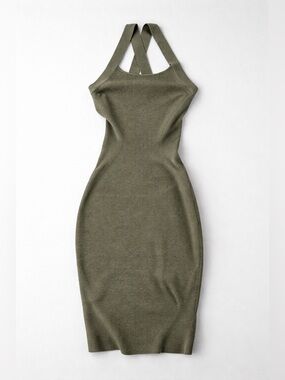 Bebe Olive Green Ribbed Knit Midi Dress Size Small Stretch Strappy Party